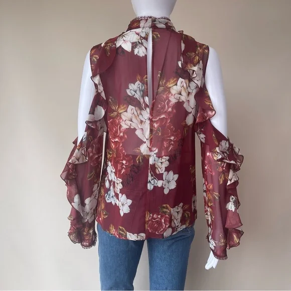 NWT NICHOLAS Floral Print Ruffle Cold Shoulder Silk Blouse - Picture 4 of 13